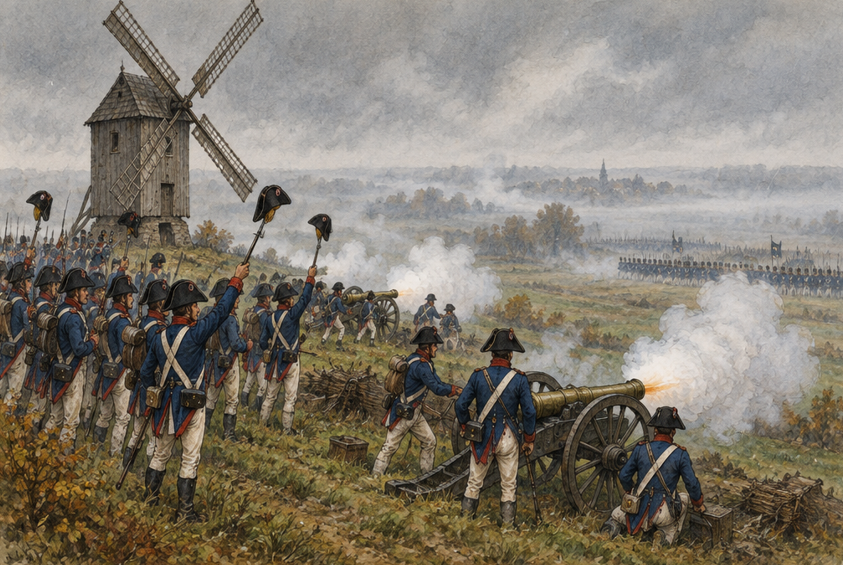 Französische Revolutionssoldaten in blauen Röcken halten ihre Linie neben einer Windmühle auf einem Hügel, Kanonenrauch zieht über nasse Felder, im Hintergrund preußische Infanterie