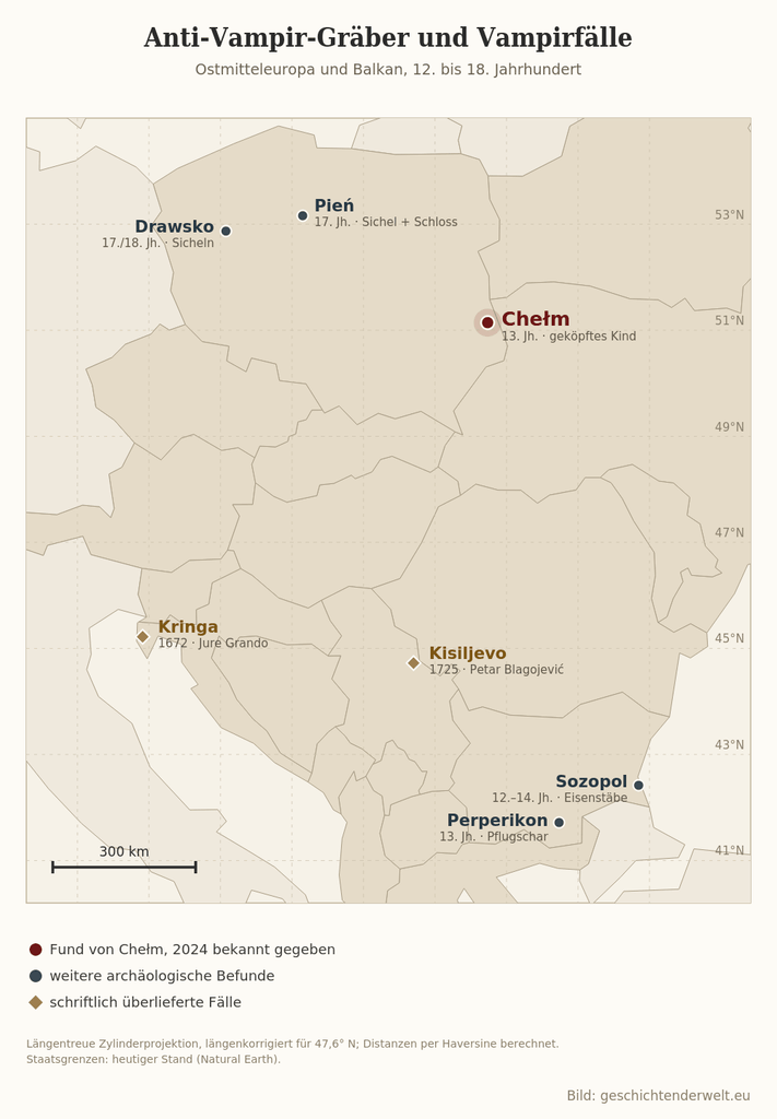 Vampirglaube: Karte Ostmitteleuropas und des Balkans mit sieben markierten Fundorten und Fällen des Wiedergängerglaubens vom 12. bis 18. Jahrhundert, darunter Chełm, Pień, Drawsko, Sozopol, Perperikon, Kringa und Kisiljevo