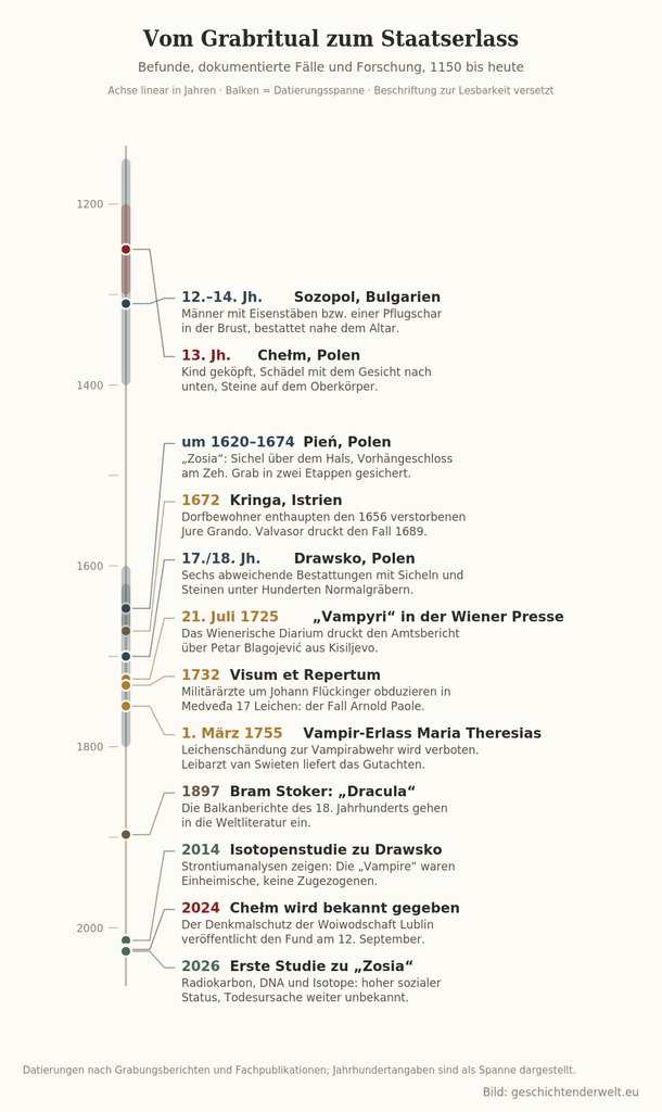 Vampirglaube: Zeitleiste von 1150 bis heute mit zwölf Stationen vom Kindergrab in Chełm über den Vampir-Erlass Maria Theresias 1755 bis zur Zosia-Studie 2026