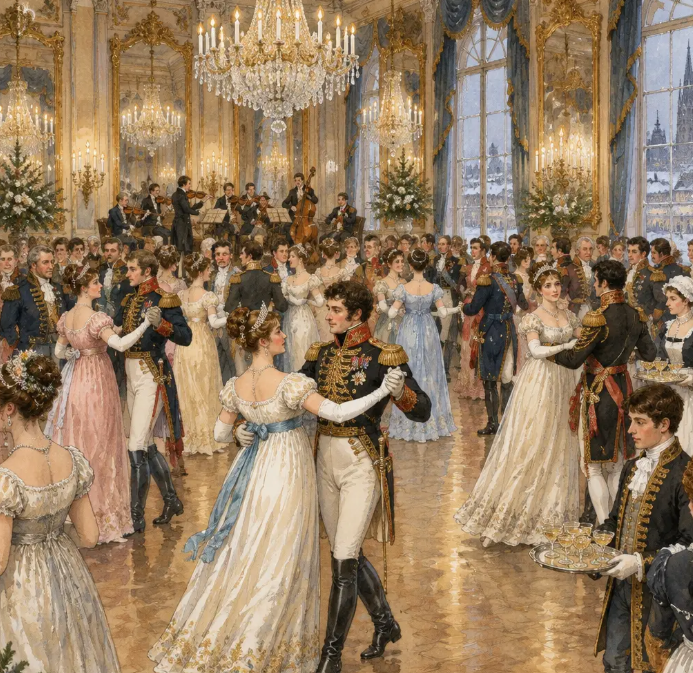 Der Kongress tanzt: Ballsaal in Wien um 1815 mit tanzenden Gästen in Kleidern und Uniformen der Empirezeit unter Kronleuchtern