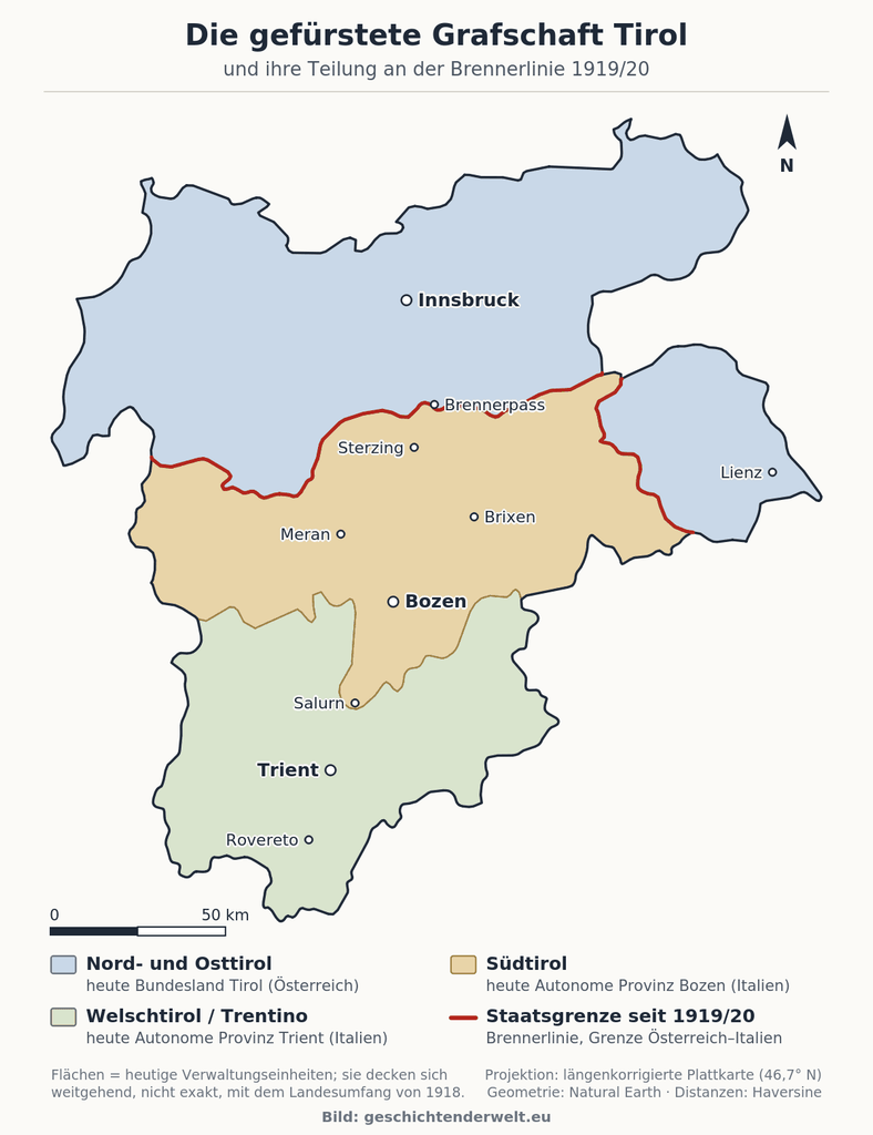 Karte der historischen Grafschaft Tirol mit Nordtirol, Osttirol, Südtirol und Trentino sowie der Staatsgrenze von 1919/20 am Brenner