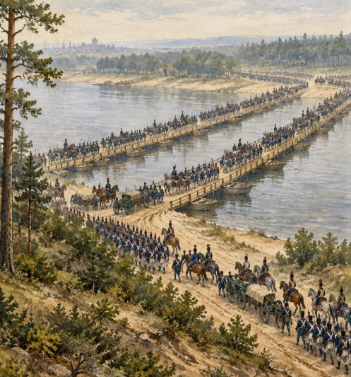Russlandfeldzug: Zeichnerische Rekonstruktion: Kolonnen napoleonischer Infanterie, Kavallerie und Geschütze überqueren auf drei hölzernen Pontonbrücken einen breiten Fluss, im Hintergrund Kiefernwald und Sommerdunst