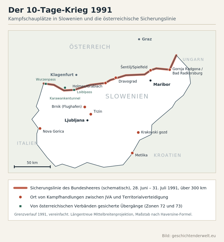Karte Sloweniens mit den Kampfschauplätzen des 10-Tage-Kriegs und der österreichischen Sicherungslinie entlang der Grenze zu Steiermark und Kärnten