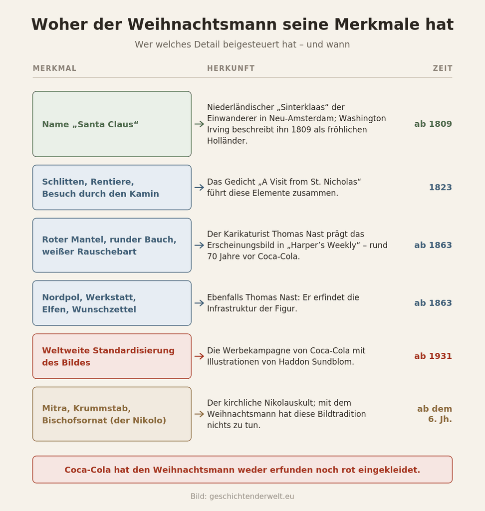 Diagramm: Übersicht, welches Merkmal des Weihnachtsmanns von wem stammt – Sinterklaas, Moore-Gedicht, Thomas Nast, Coca-Cola und kirchlicher Nikolauskult