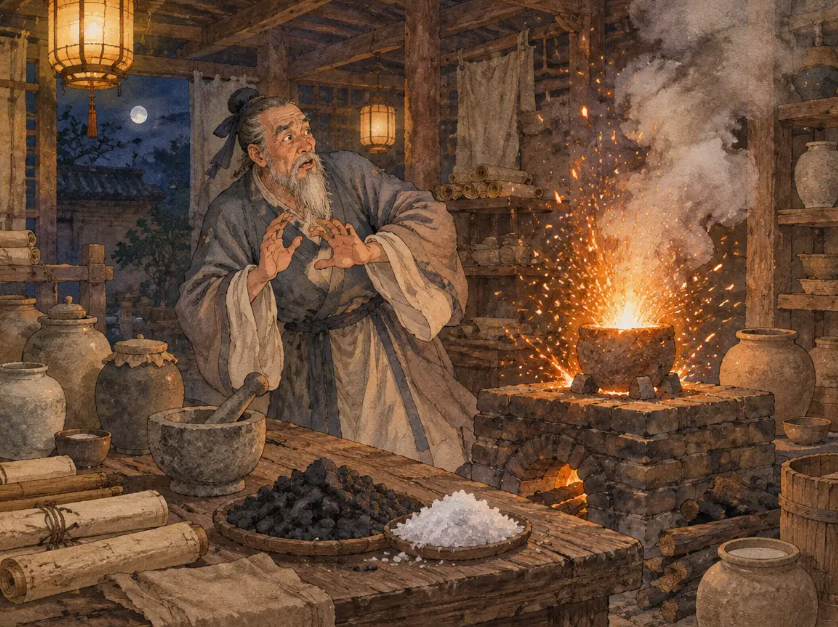 Illustration einer chinesischen Alchemistenwerkstatt im 9. Jahrhundert, ein Alchemist weicht vor einer aufflammenden Tonschale zurück