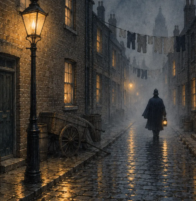 Nächtliche Gasse in Whitechapel 1888 mit Gaslaterne, Nebel und rußgeschwärzten Häusern