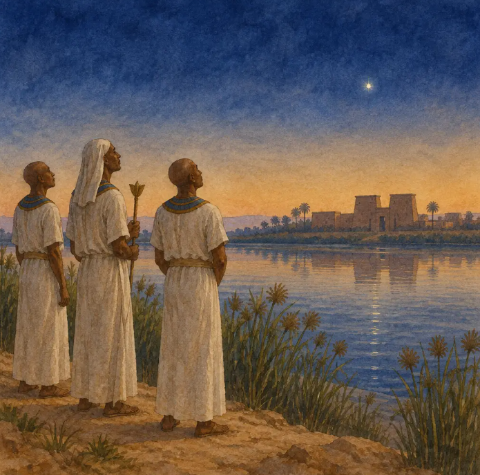 Kalender: Ägyptische Priester am Nilufer beobachten vor Sonnenaufgang einen hellen Stern über dem Horizont