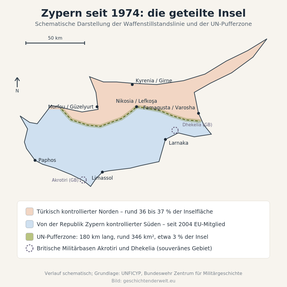 Schematische Karte Zyperns mit türkisch kontrolliertem Norden, von der Republik Zypern kontrolliertem Süden, UN-Pufferzone sowie den britischen Basen Akrotiri und Dhekelia