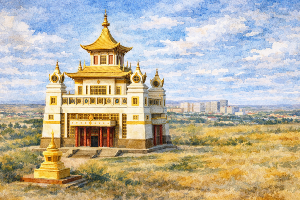 Goldener Tempel von Elista, KI-Bild als Aquarell