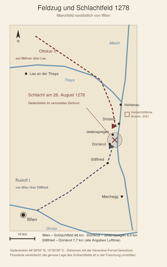 Karte des Marchfelds mit Wien, Stillfried, Dürnkrut und Jedenspeigen und Drösing sowie den Anmarschwegen Rudolfs von Süden und Ottokars von Norden