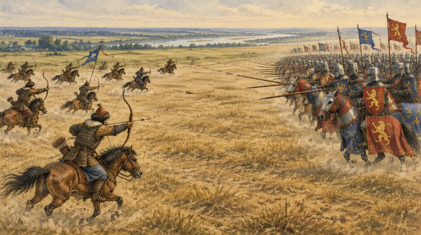 Schwer gepanzerte Ritter in geschlossener Formation auf der einen Seite, leichte berittene Bogenschützen in weitem Bogen auf der anderen, auf einer flachen Ebene
