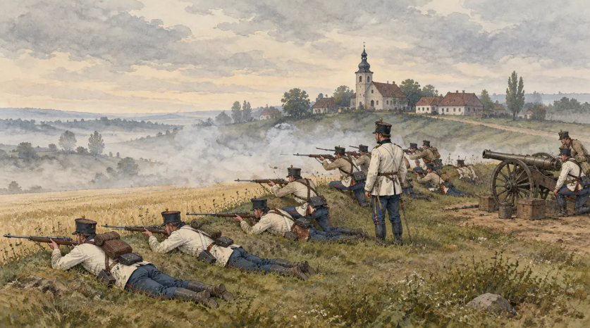 Aquarell-Illustration österreichischer Infanterie in Verteidigungsstellung auf einem Höhenrücken über einem nebligen Feld, im Hintergrund ein Kirchturm