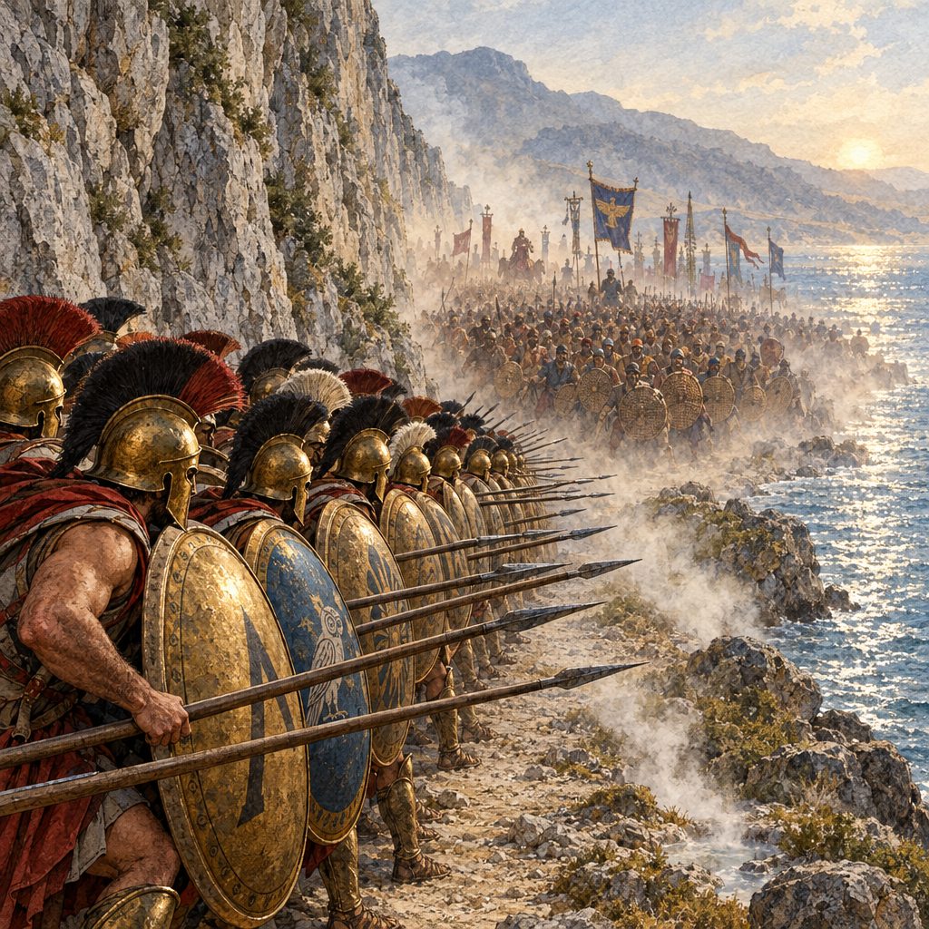 Griechische Hopliten stehen in dichter Reihe mit überlappenden Rundschilden und vorgestreckten Speeren im schmalen Pass zwischen Felswand und Meer, davor eine Masse persischer Krieger.