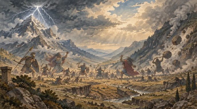 Krieg der Titanen: Zwei gegenüberliegende Bergmassive über einem breiten Tal; vom höheren, wolkenverhangenen Gipfel schlagen Blitze herab, am niedrigeren Kamm rollen Felsbrocken die Hänge hinunter, im Mittelgrund kämpfen kleine Figuren