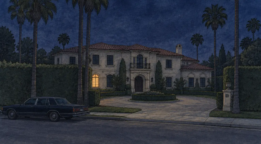 Nächtliche Straßenansicht einer mediterranen Villa in Beverly Hills mit Palmen, Hecke und einem einzelnen erleuchteten Erdgeschossfenster