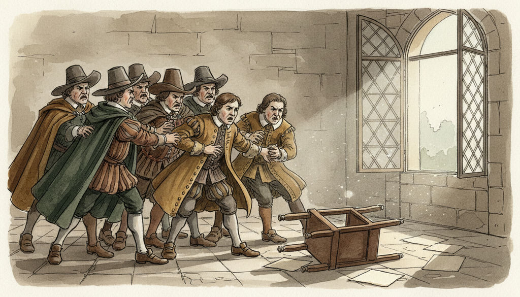 Prager Fenstersturz 1618: Die Adligen ergreifen die Statthalter auf der Prager Burg