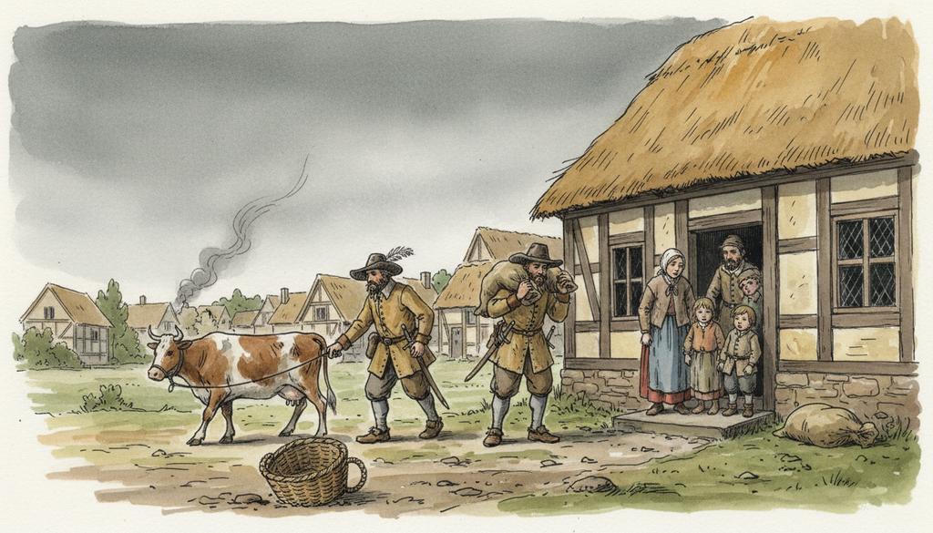 Söldner treiben Vieh aus einem Dorf (Kontributionssystem)