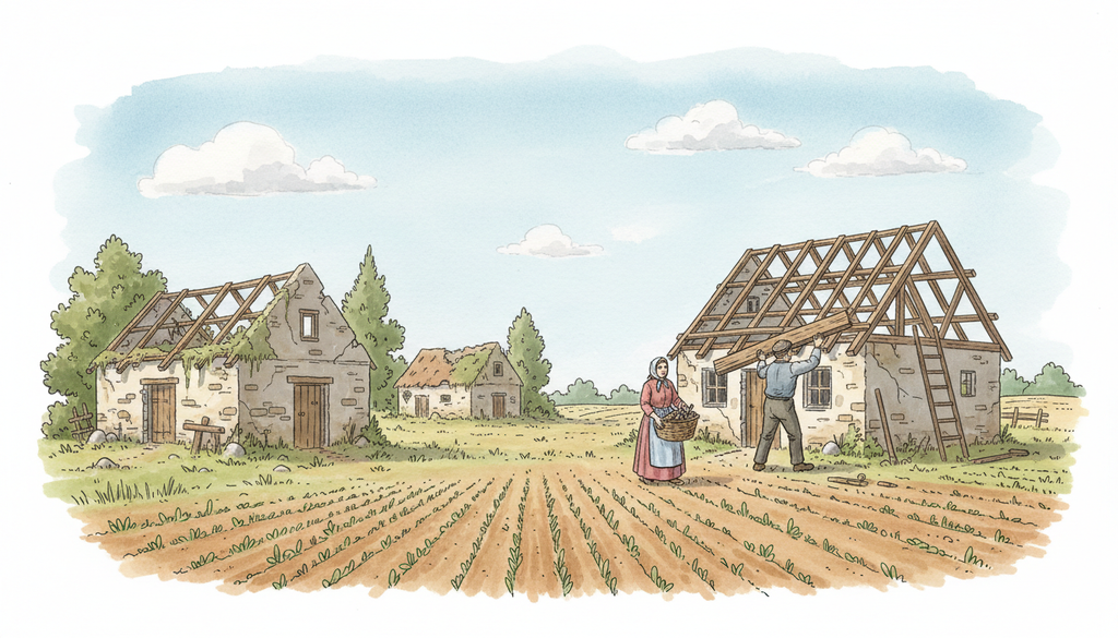 Verlassenes Dorf und beginnender Wiederaufbau